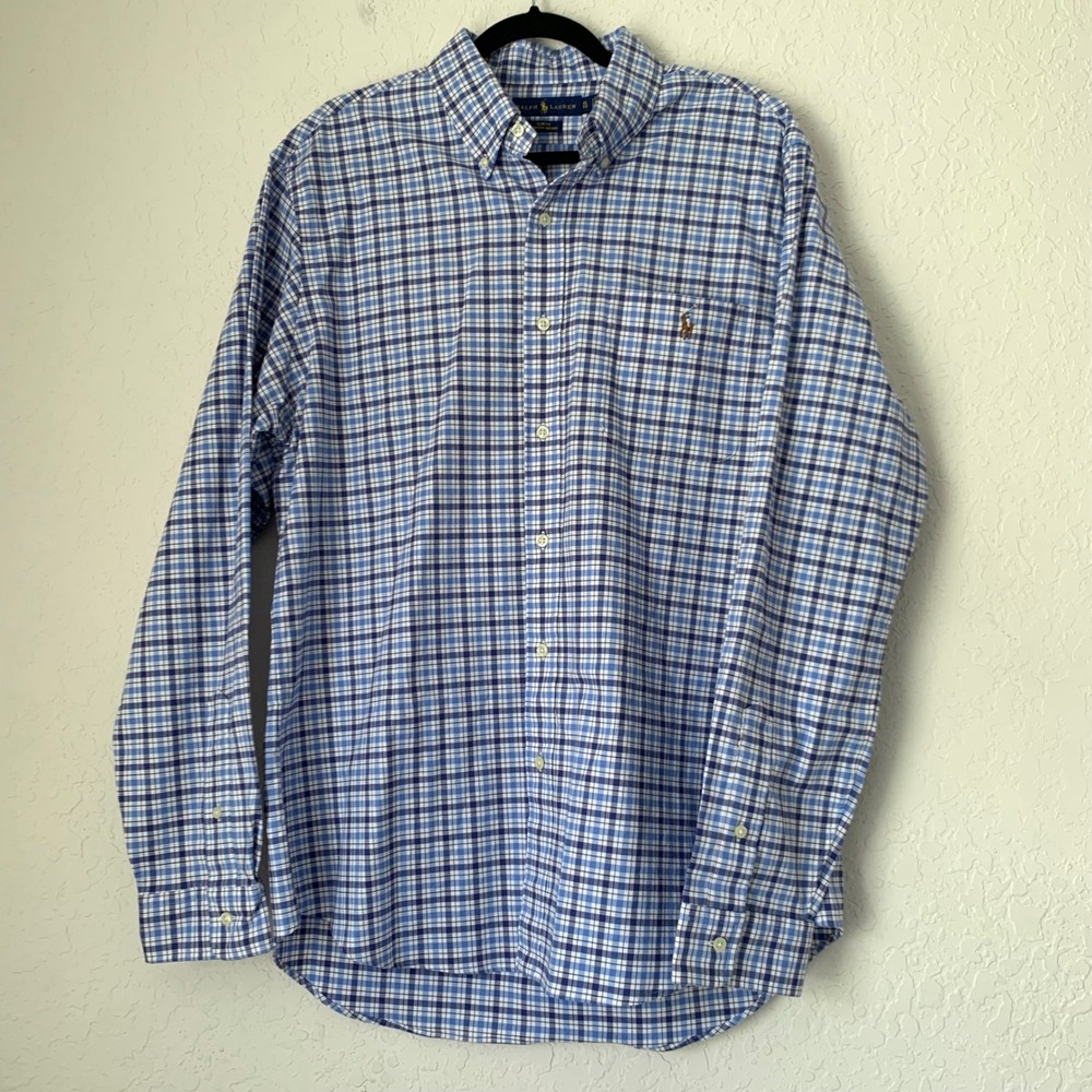 Ralph Lauren Shirt Men XL Slim Fit Stretch Oxford Blue Plaid Flesh Pony Pocket